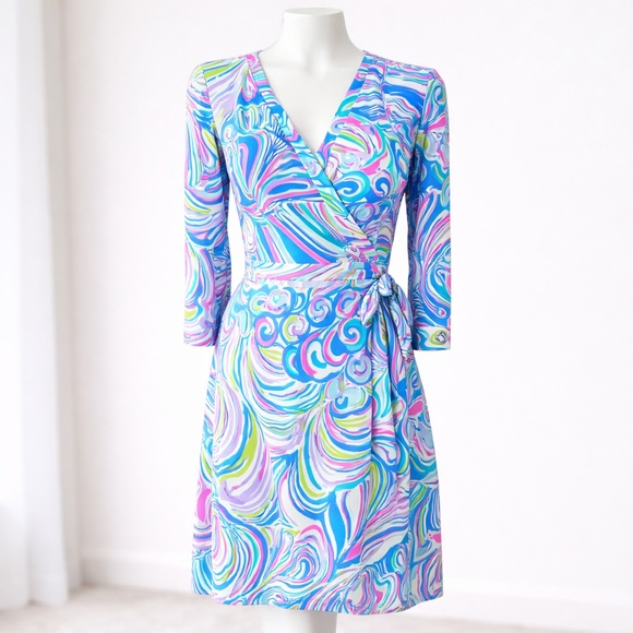 Lilly Pulitzer Dresses & Skirts - Lilly Pulitzer Mini Wrap Dress Blue Pink Green Print Jersey Tie Waist Size S